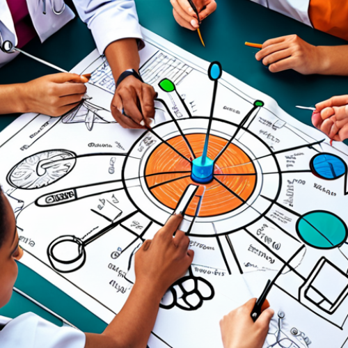**

"A diverse team brainstorming, surrounded by overlapping diagrams representing different fields (medicine, engineering), sparks flying from their combined ideas, a breakthrough medical device sketch emerging in the background, vibrant colors, dynamic composition."

**
