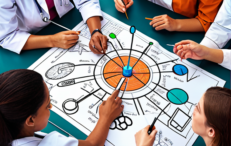 **

"A diverse team brainstorming, surrounded by overlapping diagrams representing different fields (medicine, engineering), sparks flying from their combined ideas, a breakthrough medical device sketch emerging in the background, vibrant colors, dynamic composition."

**