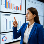 A professional female researcher in a modest business suit, standing in a vibrant, modern innovation lab. The lab features multiple screens displaying diverse data visualizations: one showing engineering schematics, another a neural network diagram, and a third an abstract artistic design. She gestures thoughtfully towards a large transparent display, her expression conveying deep insight and intellectual curiosity. The scene highlights the fusion of various disciplines and cross-disciplinary thinking. The subject is fully clothed in appropriate attire, safe for work, perfect anatomy, correct proportions, natural pose, well-formed hands, proper finger count, natural body proportions, professional photography, high quality, appropriate content, family-friendly.