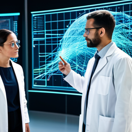 A diverse group of professional researchers in a futuristic, clean research laboratory. They are fully clothed in modest business attire and modern lab coats, collaborating around a large interactive holographic display showcasing abstract glowing data streams and complex algorithms. The scene emphasizes innovation and insightful connections in big data analysis and AI integration. Professional photography, cinematic lighting, ultra-detailed, high quality, perfect anatomy, correct proportions, natural pose, well-formed hands, proper finger count, natural body proportions, safe for work, appropriate content, professional.