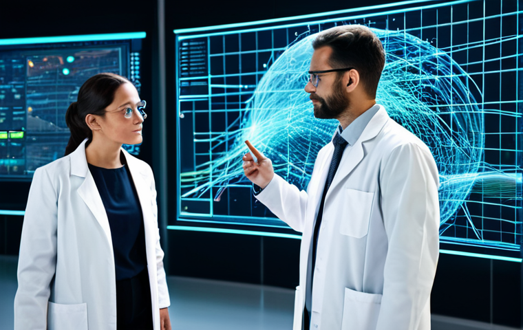 A diverse group of professional researchers in a futuristic, clean research laboratory. They are fully clothed in modest business attire and modern lab coats, collaborating around a large interactive holographic display showcasing abstract glowing data streams and complex algorithms. The scene emphasizes innovation and insightful connections in big data analysis and AI integration. Professional photography, cinematic lighting, ultra-detailed, high quality, perfect anatomy, correct proportions, natural pose, well-formed hands, proper finger count, natural body proportions, safe for work, appropriate content, professional.