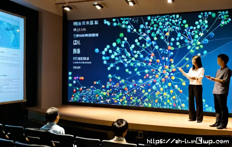 융합 연구의 결과물 발표 방법 - Photorealistic interdisciplinary research presentation in a modern university auditorium, diverse te...