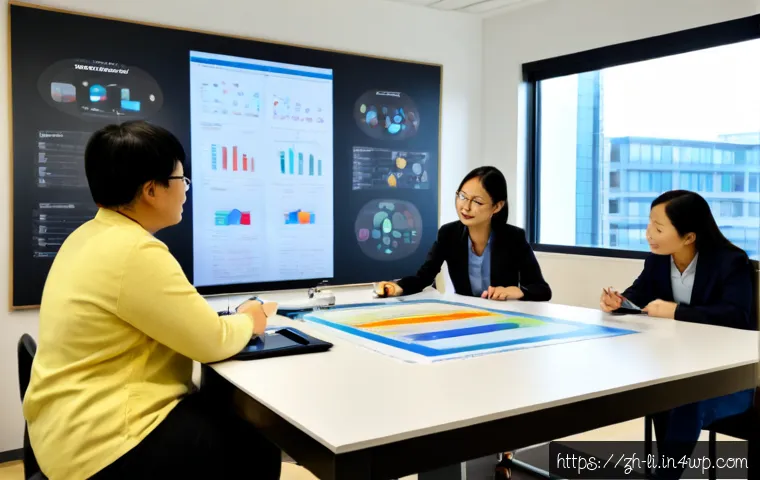 융합 연구의 프로세스 개선 전략 - Photorealistic interdisciplinary research strategy meeting, four diverse scientists and engineers ga...
